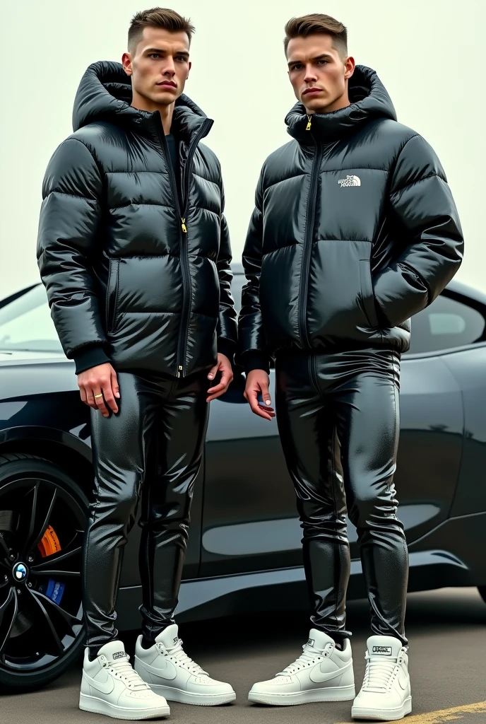 full view full body, two white guys with light-brown undercut clean shaved haircut, golden rings, wearing full length shiny skintight rubber grass with a black North Face puffer jacket blistered with air and white Nike Air Force one, waiting standing beside bmw car