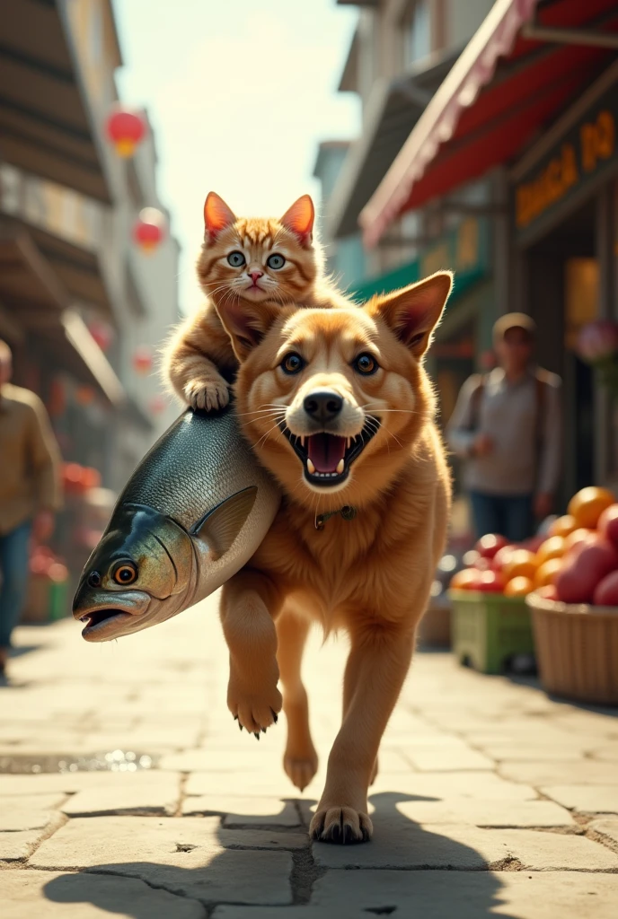 Type: Ultrarealistic
Subject: A cat and dog duo in the middle of a narrow escape, racing through a lively, sunlit urban alley. The cat is perched firmly on the dog’s back, holding tightly onto a large, freshly-caught fish instead of the original basket of fruits. The dog is sprinting with wide eyes and an expression of focused urgency, while the cat’s fur is fluffed up in alarm as it looks back at the pursuer. The scene is charged with energy and tension, perfectly capturing the thrill of the chase.
Environment: A bustling, narrow alley with colorful storefronts and pedestrians turning to watch the commotion. The shopkeeper, angered and waving a broom, is in mid-chase just behind them, adding to the chaotic atmosphere. The background features a mix of blurred figures and storefronts to emphasize speed and movement, creating a sense of urgency and dynamism.
Art Style: Photorealistic with a focus on the detailed textures of the cat’s and dog’s fur, the fish’s scales, and the urban setting. The expressions of fear and excitement on both the cat and dog are central to the scene’s intensity.
Lighting: Bright, natural daylight streaming down the alley, highlighting the action and bringing out the details in the animals’ fur and the surroundings.
Camera: Dynamic side-angle action shot, capturing the motion of the escape, with the cat, dog, and fish in sharp focus, while the background is slightly blurred to convey speed.
Resolution: 4K, high-definition, ensuring sharp, detailed textures and a palpable sense of movement.

{Ultrarealistic cat and dog, thrilling escape, dynamic urban alley, photorealistic, high-definition, side-angle action shot}
