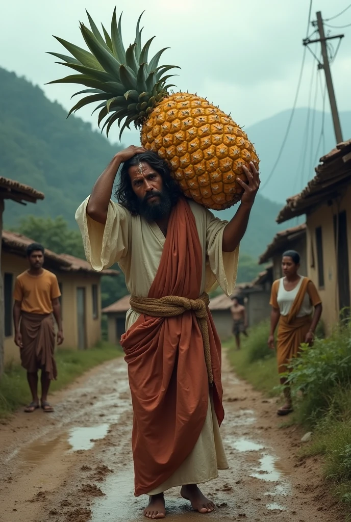 

"Jesus Christ struggling to carry a large watermelon on his shoulder up a road in a town road, . The scene is set in a rustic, rural landscape with rugged terrain, emphasizing the effort and emotion involved in his task."and villagers are watching him other village