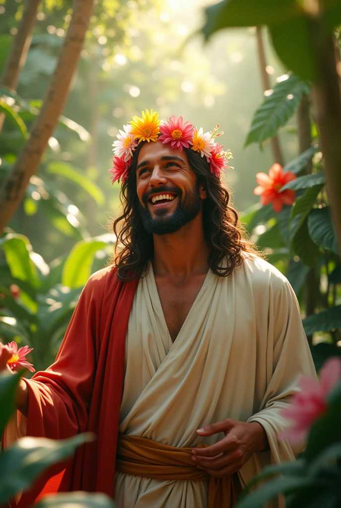 Jesus in a tropical garden with a flower crown on his head laughing