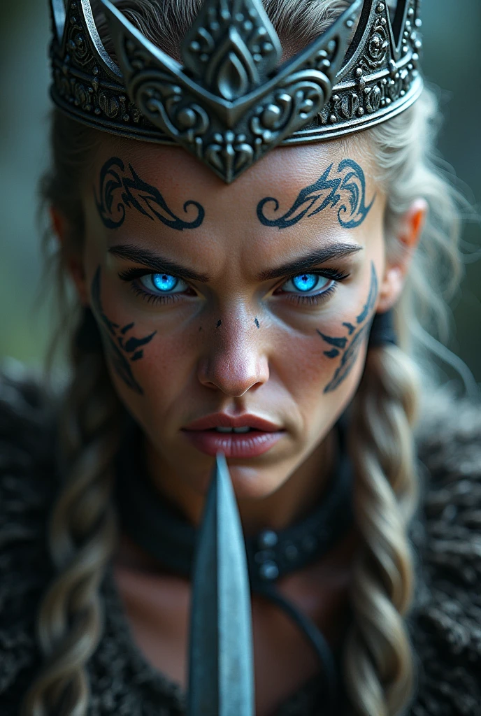 Viking warrior close-up, knife on display, Woman, blue eye with lightning,  big queen crown on the head , tribal tattoo on face, Angry