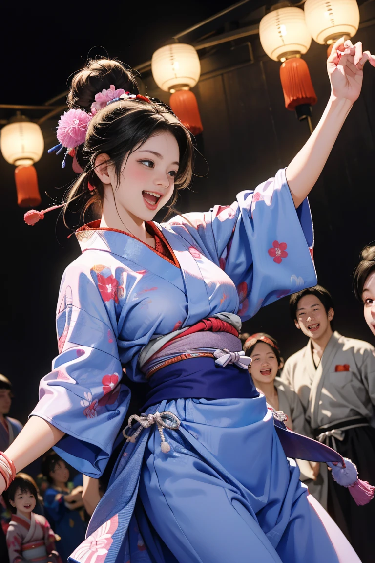 (Japan Bon Odori,最高masterpiece,Highest quality), Hot August,Bright vibrant anime art,People of all ages and genders dance and dance, Dancing in yukata,Laughing and dancing, Showing white teeth,Men and women dance in a circle, masterpiece,Highest quality,High resolution,