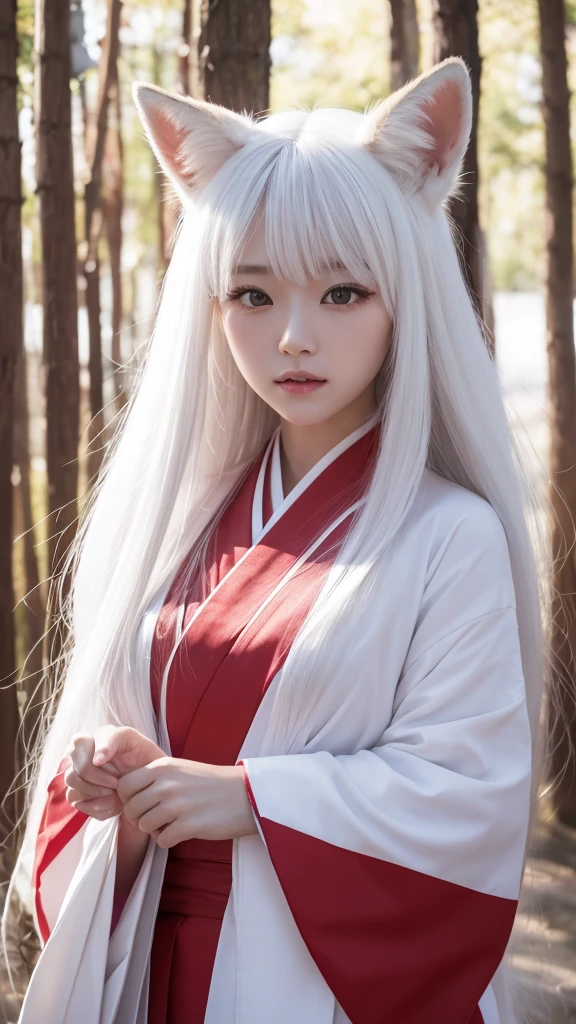 White Demon Fox、Nine-tailed Fox、Japanese women、kimono、Fair skin、Red lines on face、8K、I have long hair