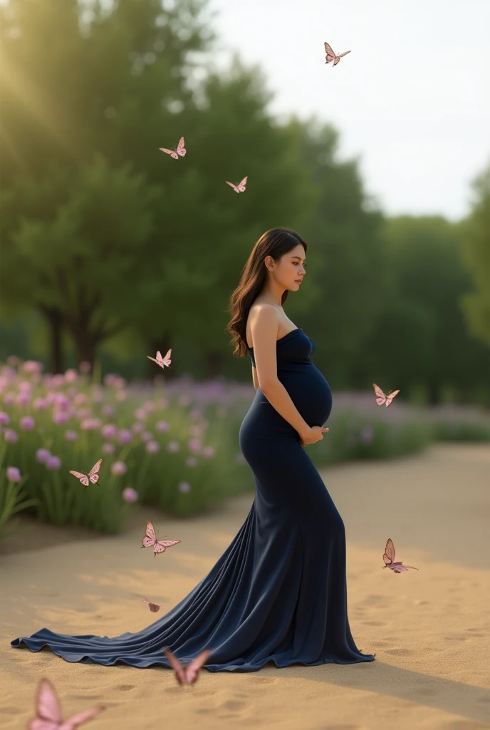 pregnant woman in a blue gown surrounded by flowers and butterflies, a colorized photo by Elena Guro, trending on cg society, conceptual art, blue and pink colors, blue and pink color scheme, blue and pink, maternal photography 4 k, pastel blues and pinks, pink and blue colors, pink and blue colour, blue and pink colour splash, pink and blue