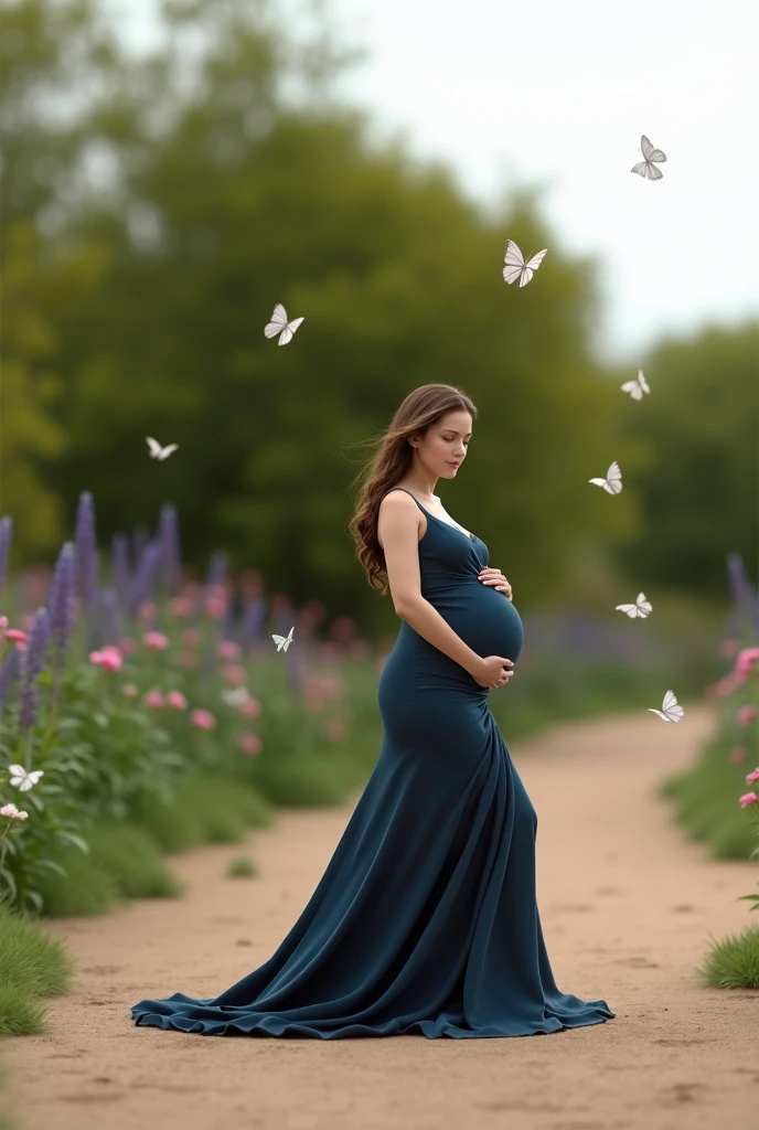 pregnant woman in a blue gown surrounded by flowers and butterflies, a colorized photo by Elena Guro, trending on cg society, conceptual art, blue and pink colors, blue and pink color scheme, blue and pink, maternal photography 4 k, pastel blues and pinks, pink and blue colors, pink and blue colour, blue and pink colour splash, pink and blue