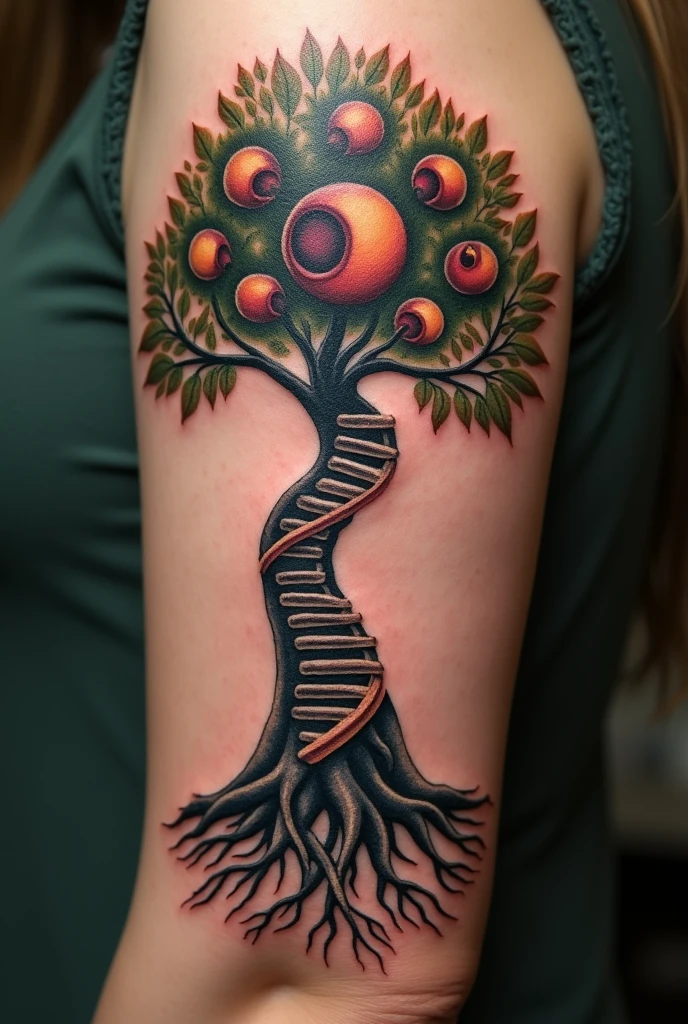 Create a detailed Tree of Life tattoo with the following elements:

- **Roots:** The roots of the tree should be represented as a DNA double helix. At the ends of these roots, each tip must be shaped like sperm, symbolizing the path of the sperm to fertilization.
  
- **Caule:** 
  - At the beginning of the stem, there must be an egg in metaphase 2.
  - Just above, the fertilized egg must be shown.
  - Climbing higher up the stem, there must be a representation of embryonic cleavage at D2, with 2 cells.
  - Further up, cleavage at D3 with 8 cells.
  - Even higher up, a representation of a Morula.
  - At the top of the stem, there must be a Blastocyst.

- **foliage:** The leaves of the tree must represent a placenta, with a baby growing inside, symbolizing the development of life.

- **General Style:** The tattoo should have a biological and naturalistic style, with details that show the process of life development, from conception to the fetal stage, integrating into the tree structure.