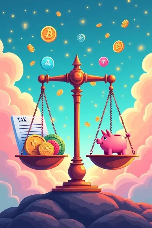 A digital illustration of a balance scale. On one side, colorful cryptocurrency coins and NFT art pieces falling from the sky (representing airdrop). On the other side, tax forms and a piggy bank. Use vibrant colors and a cartoon style.