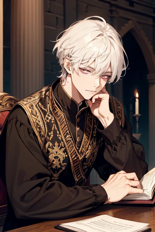 1male, calm, adult, age 35 face, short messy with bangs, white hair, amethyst colored eyes, royalty, prince, wears black clothing, in a castle, adult face, medieval times, close up, sitting at a table with a book, two hands, calm