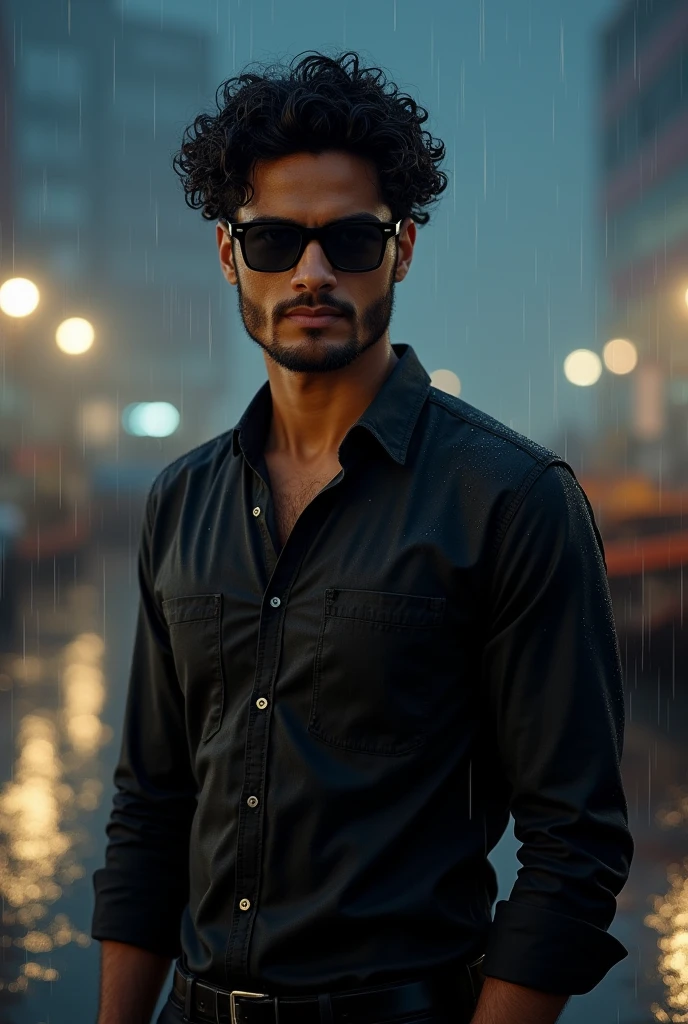 Generate a hyper-realistic portrait of a young man with a medium brown complexion, possibly of South Asian descent, standing at a Kerala harbor at night during the rainy season. He has large, expressive almond-shaped brown eyes with defined lashes. His face is symmetrical with a slightly rounded jawline, and he has a well-groomed, light stubble. His nose is straight and proportional, and his lips are full and naturally colored. He has thick, voluminous curly black hair that frames his face with a subtle texture that suggests softness. He is wearing a black full-sleeve shirt and black pants, slightly damp from the rain. The background features a dimly lit harbor with wet surfaces reflecting the lights, and a misty atmosphere typical of a rainy night. The soft, natural lighting highlights his facial features, with raindrops visible on his hair and clothing, adding to the realism of the scene.He have black square shape sunglass, style walking