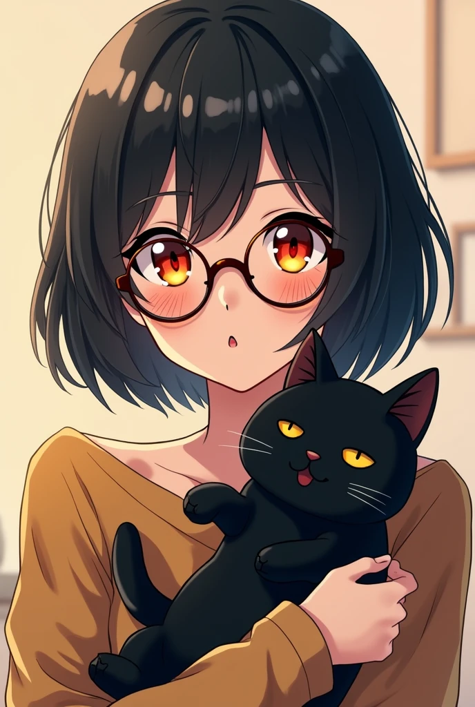 Yellow and red heterochromatic eyes, short black hair, brown-rimmed round glasses, adult woman, anime illustration, holding a black cat stuffed animal
