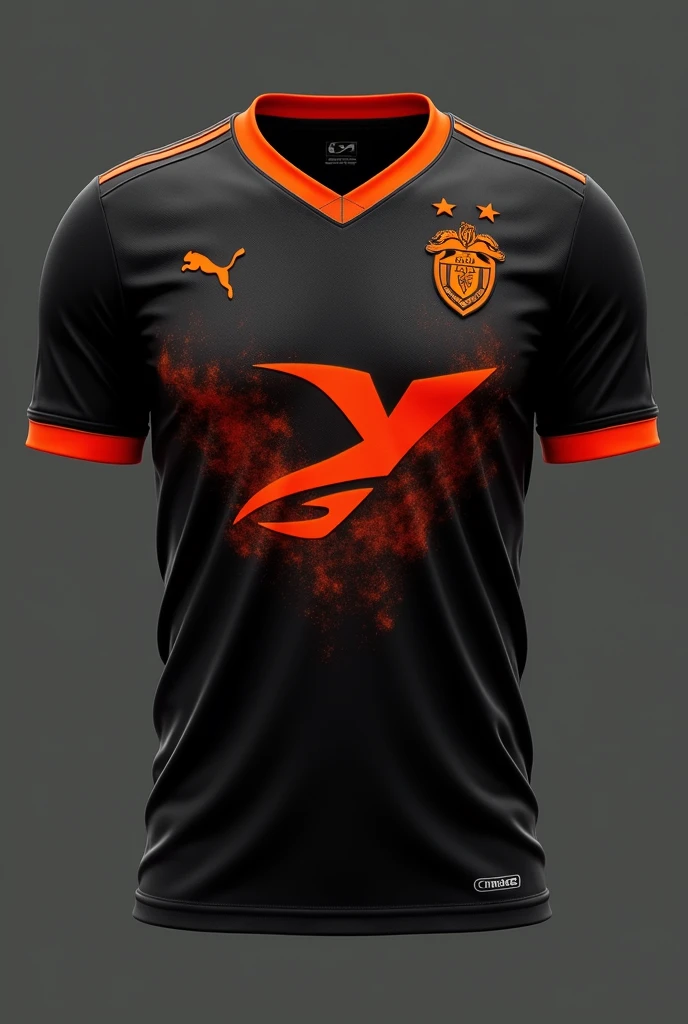 Make a black football shirt with orange details and a bold orange print