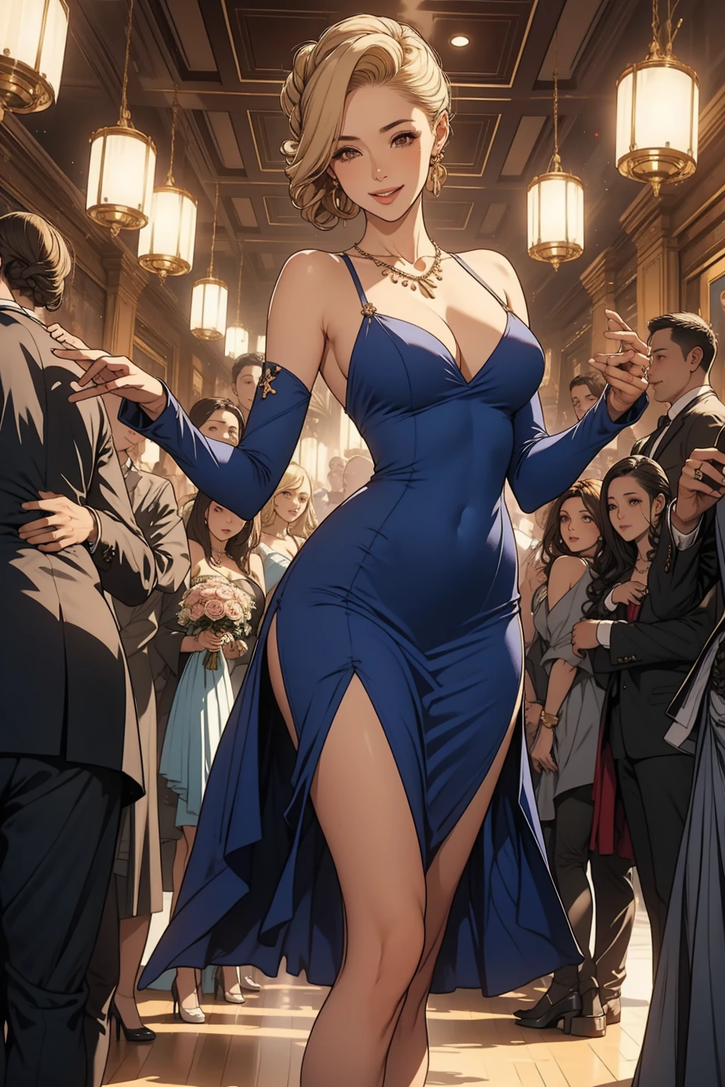 1 girl, blonde updo hairstyle, big breast, wearing sexy blue dress, cleavage, black heels, perfect body, fullbody shot, in the ballroom, crowded with people, wedding event, detail eyes, necklace, earring, smiling, alluring, dancing, both hands rise high up, 