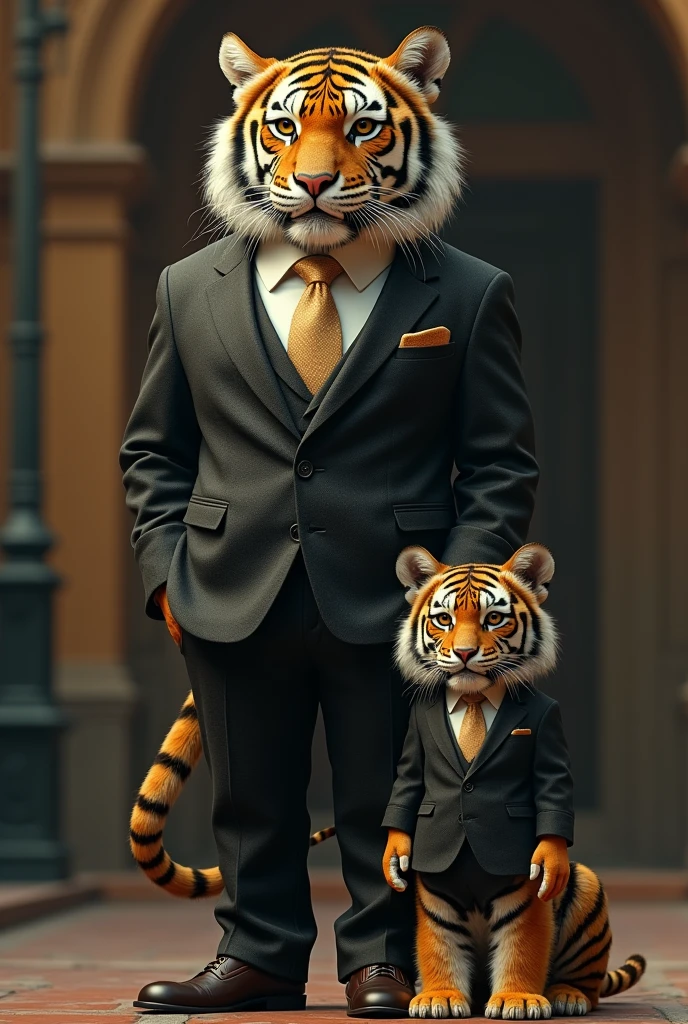 Adult tiger and  tiger both in suit