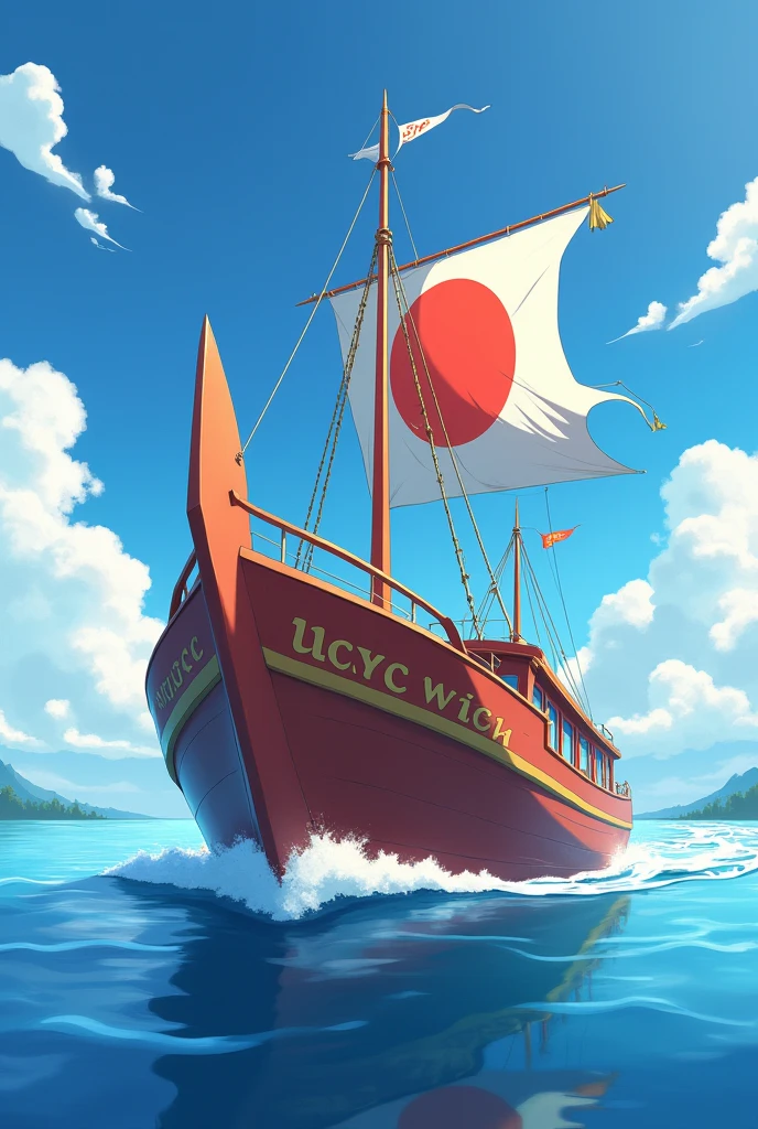 draw a medium boat in anime style, On its bow it has the symbol of a red sun which is also spread across several places on the ship's hull in a discreet way, on its flag it has the design of a holy thorn bush