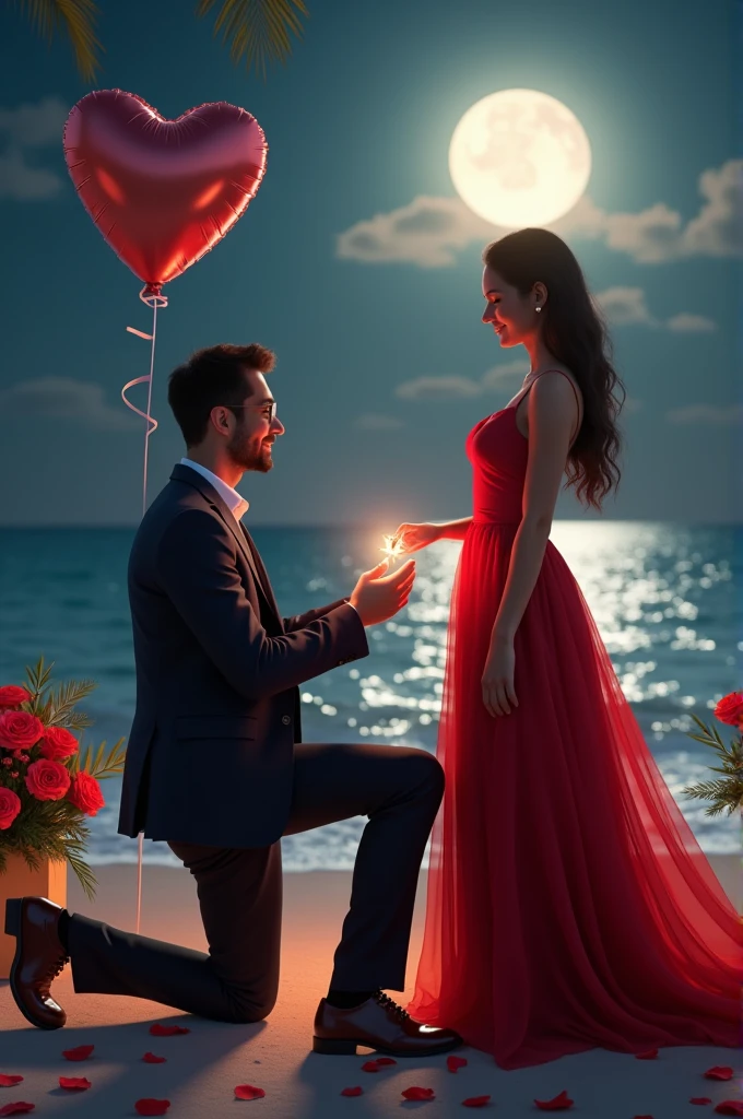 Beach proposal, night scene, moon shining in sea, men on his knees with proposal ring, women in red gown , heart ballon, rose petals, rose bouquet 
