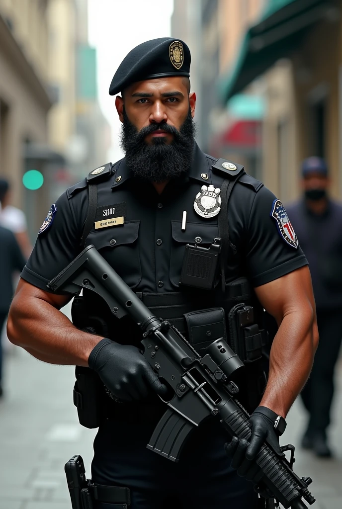 Young, strong, bearded Puerto Rican police officer, in black military police tactical uniform, Lottery, Special Operations, boina preta, rifle in hand, black boot, talking approaching one on the street.