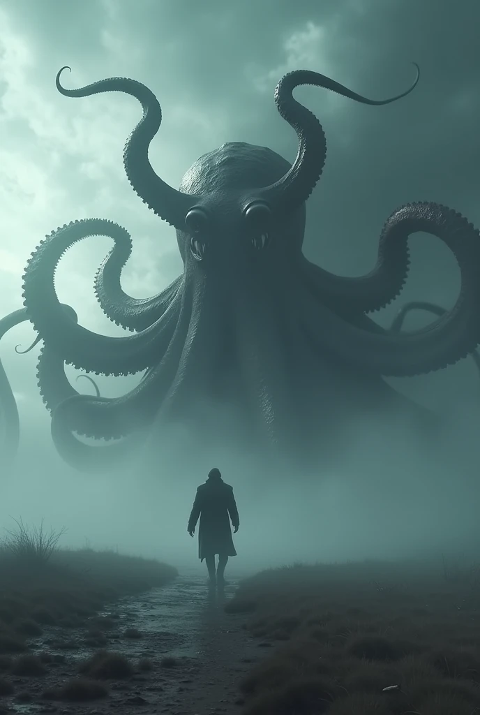 Gigantic octopus with horns and sharp teeths walking across a plain in the distance amid fog, haze, haze, dark clouds, grimdark ,supense, monstr, unearthly, octan render, engine unreal, photorrealistic, hyper realism, highy detailed, high qualiy, intrincately detailed,Volumetric lighting, full character, 4K, ,hard disk ,Full HD, 8k, RTX, high resolution, detailed shadows, incredibily detailed, perfect, Dramatic scale