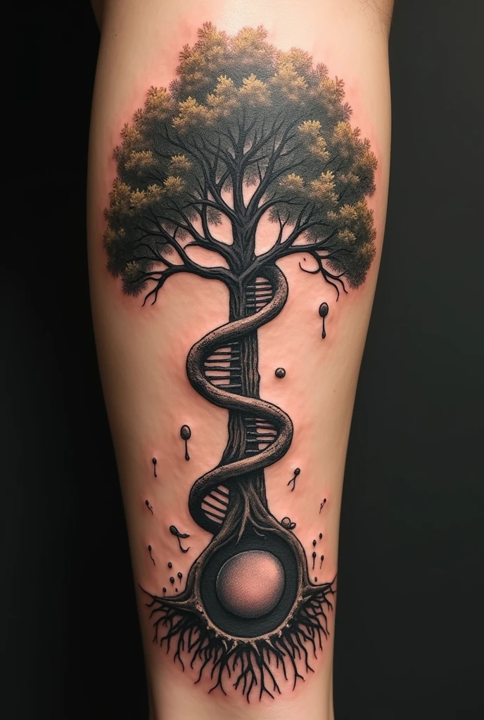 Create a detailed Tree of Life tattoo with the following elements:

- **Roots:** The roots of the tree should be represented as a DNA double helix. At the ends of these roots, each tip must be shaped like sperm, symbolizing the path of the sperm to fertilization.
  
- **Caule:** 
  - At the beginning of the stem, there must be an egg in metaphase 2.
  - Just above, the fertilized egg must be shown.
  - Climbing higher up the stem, there must be a representation of embryonic cleavage at D2, with 2 cells.
  - Further up, cleavage at D3 with 8 cells.
  - Even higher up, a representation of a Morula.
  - At the top of the stem, there must be a Blastocyst.

- **foliage:** The leaves of the tree must represent a placenta, with a baby growing inside, symbolizing the development of life.

- **General Style:** The tattoo should have a biological and naturalistic style, with details that show the process of life development, from conception to the fetal stage, integrating into the tree structure.