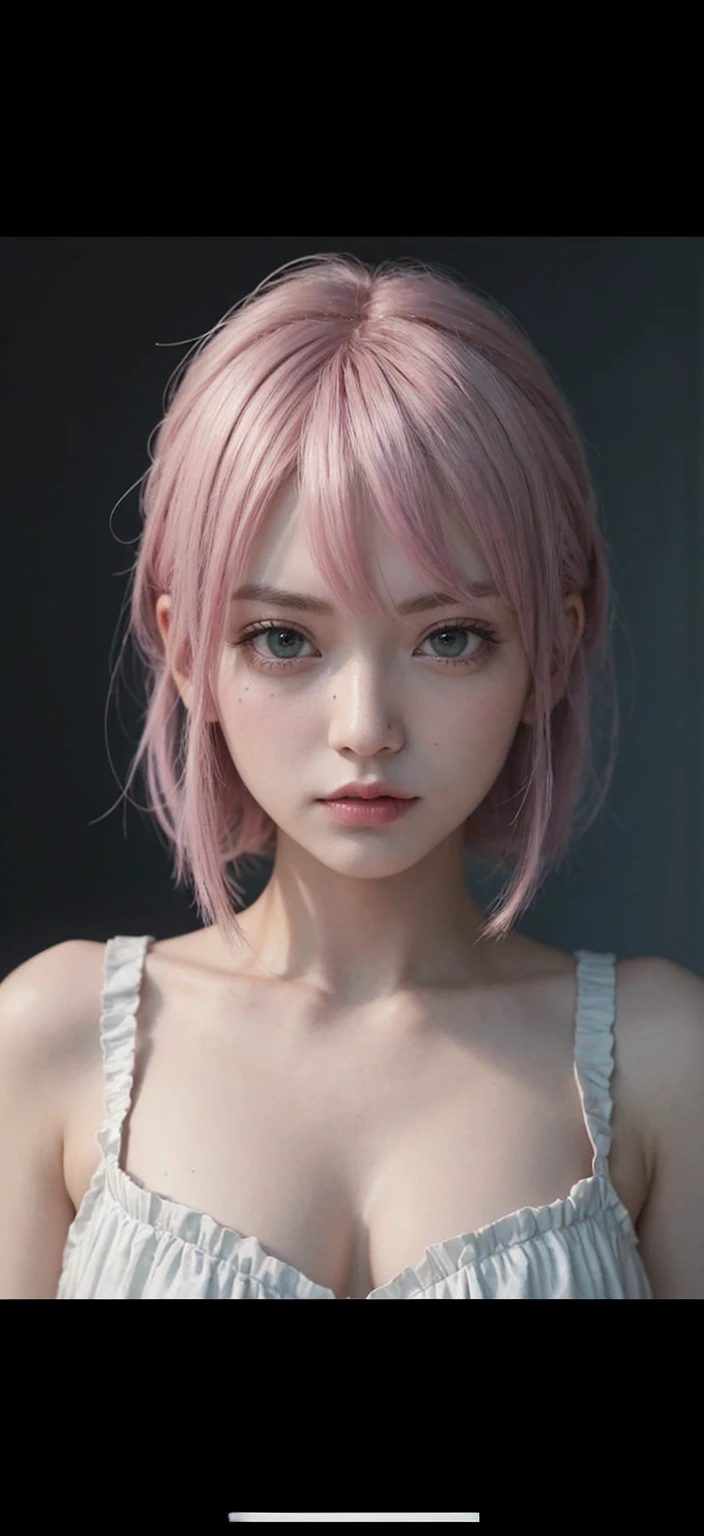 1 female of Asian and European descent, Pink Short Hair, Emerald green eyes, Her chest is G cup, Thick and long eyelashes, A slightly anxious look, Drooping eyes, The outfit is white with black accents, Maintaining the aspect ratio of a person