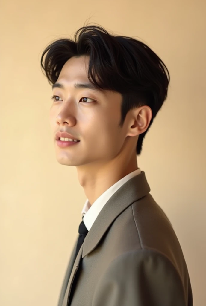 portrait picture in cream plain backgroud with a 22 yearsold handsome fictional animated korean man looking the left side for couple picture