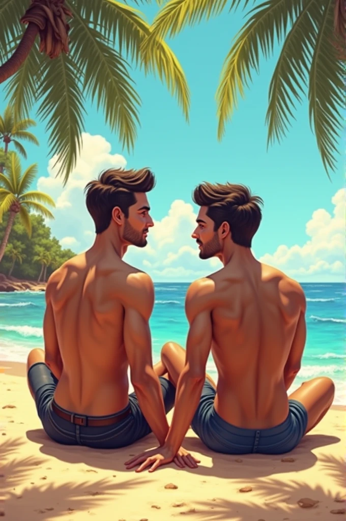 2 sexy ripped guys on the beach touching each other, swim-thong, shirtless, full body view, one touching the sixpack of the other one