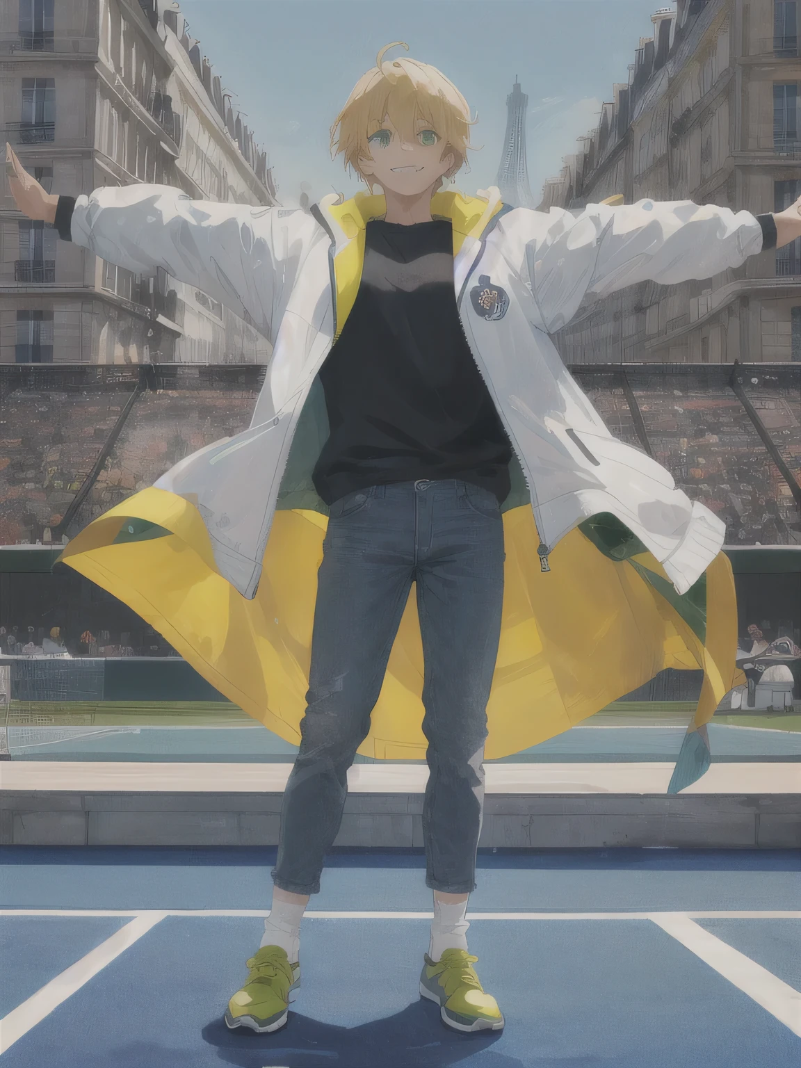 (Highest quality, masterpiece), alone, One person, good looking, , Sports competition, ((Paris background)), whole body, Are standing, Green Eyes, Grey zip-up jacket, T-Shirts, Blonde, smile, Long Blue Jeans Pants, Blue and white tennis shoes, Sports competition body, White socks
