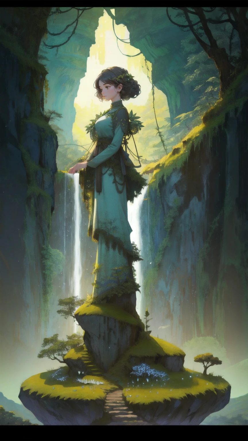 A giant, majestic, beautiful cute girl made of stone and covered in moss and plants, standing powerfully in a surreal, cosmic landscape. The scene features towering rock formations, a serene river, and distant planets in the sky. The girl embodies the essence of nature, with vines and leaves blending seamlessly into her stone form. The background is rich with brown tones, creating a harmonious and earthy environment, framed by ancient, monumental arches that lead into the vast cosmos.