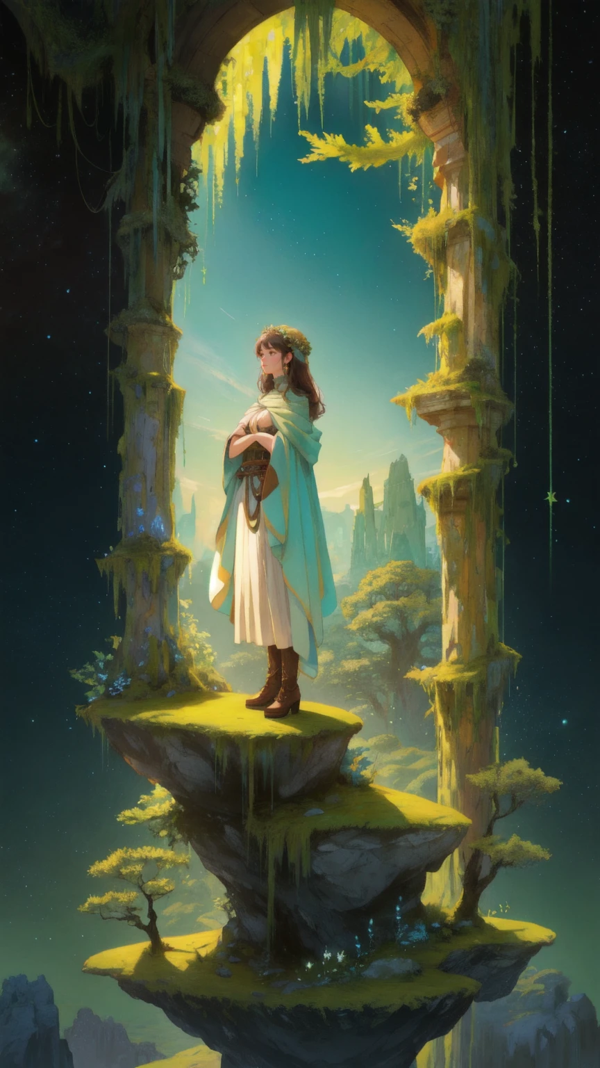 A giant, majestic, beautiful cute girl made of stone and covered in moss and plants, standing powerfully in a surreal, cosmic landscape. The scene features towering rock formations, a serene river, and distant planets in the sky. The girl embodies the essence of nature, with vines and leaves blending seamlessly into her stone form. The background is rich with brown tones, creating a harmonious and earthy environment, framed by ancient, monumental arches that lead into the vast cosmos.