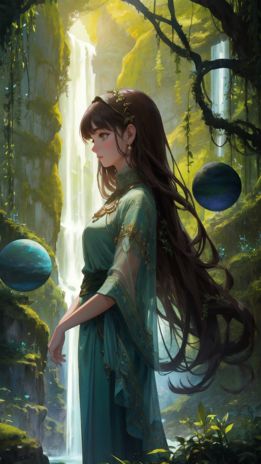 A giant, majestic, beautiful cute girl made of stone and covered in moss and plants, standing powerfully in a surreal, cosmic landscape. The scene features towering rock formations, a serene river, and distant planets in the sky. The girl embodies the essence of nature, with vines and leaves blending seamlessly into her stone form. The background is rich with brown tones, creating a harmonious and earthy environment, framed by ancient, monumental arches that lead into the vast cosmos.