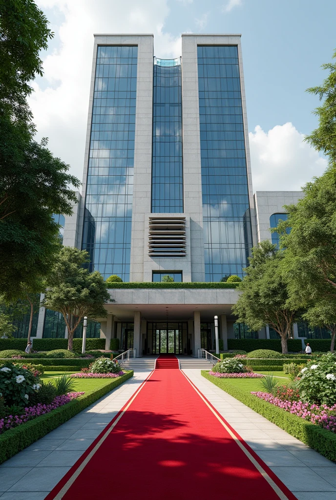An image of a Corporate embassy put the words Nexus Global Embassy I want it to have the words Nexus Global Embassy on a concrete.The building has its own compound that is extremely developed with grass, trees and flowers Singaporean architecture expose the words Nexus Embassy with red carpets covering the whole entrance