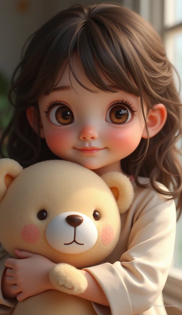 Create a UHD photorealistic image of a  girl named Aloïse with big, warm eyes and long lashes, smiling gently. She has soft, round cheeks, captured hugging a plush toy, radiating a protective warmth. Taken with a high-end camera using an 85mm f/1.4 lens for a soft, blurred background while focusing sharply on her face and expression. Ensure exactly five fingers, no 3D image, no animation, no Pixar animation.