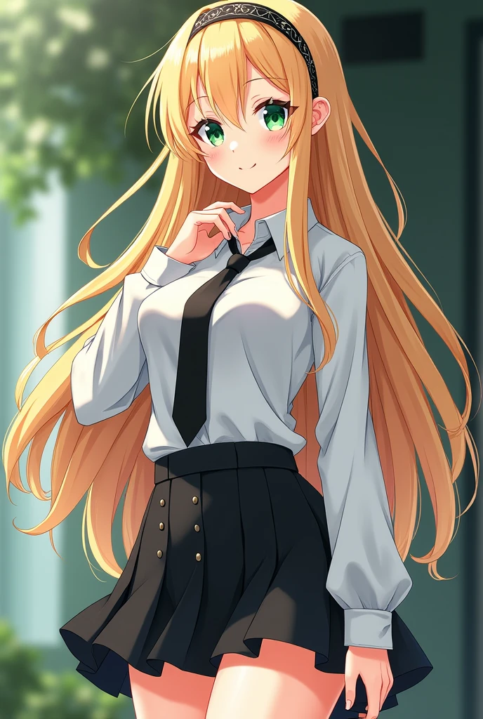 Beautiful anime girl with long, loose blonde hair with soft waves. His eyes are emerald green without pupils. He is 1.90 m tall and has an athletic and toned build. Their skin tone is white and their face shape is oval or heart-shaped, with defined cheekbones and a soft jawline. Mey wears a white school shirt with a black men's tie with elegant touches, a short skirt and a headband that wraps her hair. She has very huge and very sexy breasts
He depicted Mey in an anime style, maintaining the characteristic features of this style, such as large expressive eyes, the use of bright colors. and her body has very sensual and beautiful curves