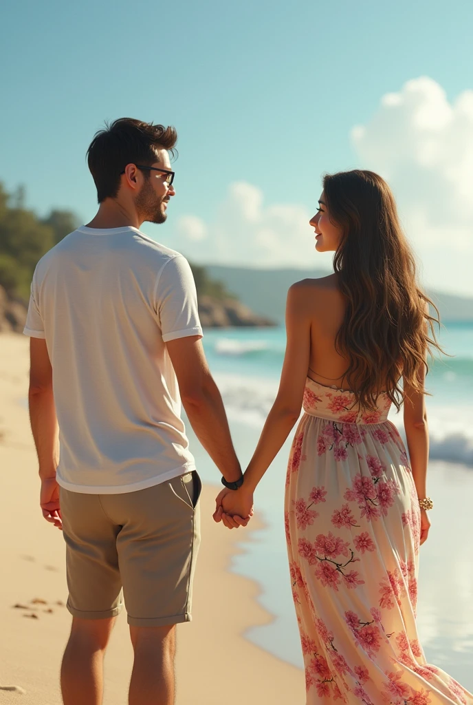 (photo realist)
two couples together on the beach, one of them is a girl with long light brown hair holding hands with another long-haired blonde. And the other couple is a white man, tall and strong, short black hair, wearing square glasses next to a woman with long black hair with blonde tips. Everyone is on the beach