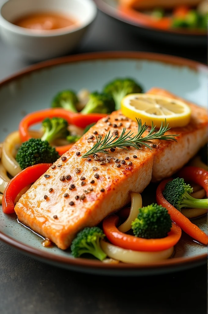 Salmon recipe image: It has garlic, lemon and salt The vegetable stir fry would be with carrot, onion, Broccoli and red pepper/green And the other thing is said there