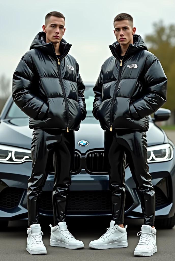 full view full body, two white guys with light-brown undercut clean shaved haircut, golden rings, wearing full length shiny skintight rubber grass with a black North Face puffer jacket blistered with air and white Nike Air Force one, waiting standing beside bmw car