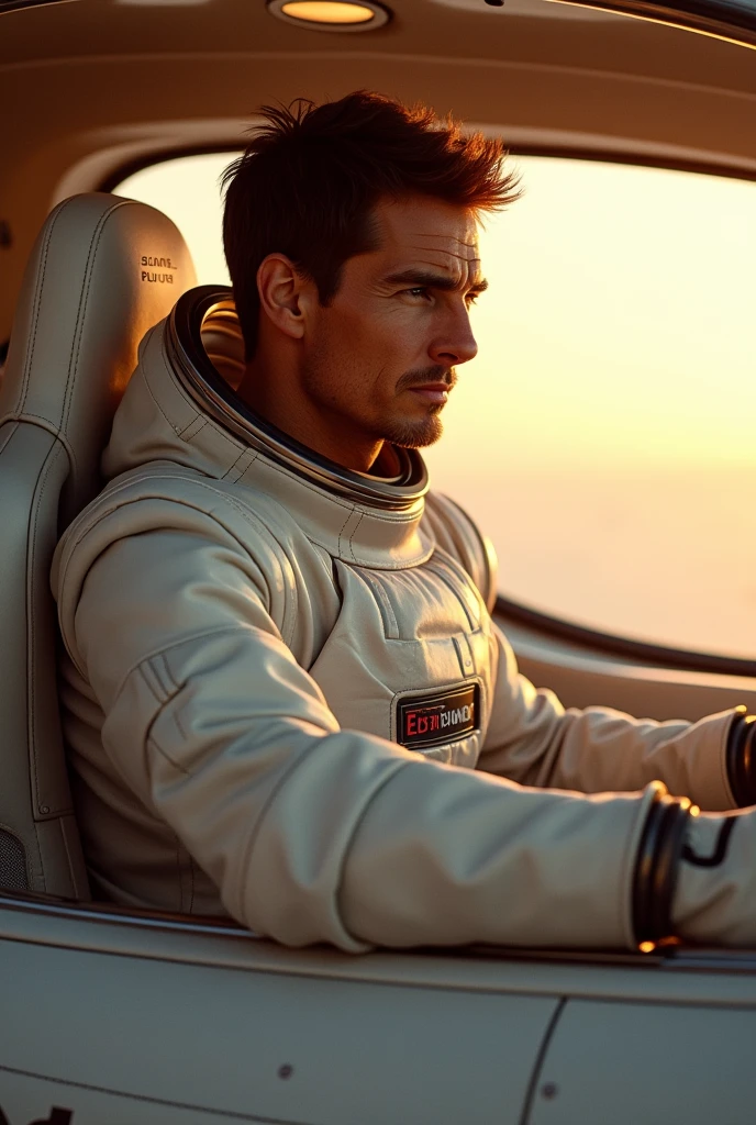 A breathtaking scene from the cinematic masterpiece, Interstellar, showcases Tom Cruise, adorned in a pristine white spacesuit, skillfully piloting a mesmerizing spaceship. The high definition images reveal every intricate detail of the spacesuit, from the shimmering fabric to the gleaming accents, and the spaceship's sleek, futuristic design. The scene is bathed in the golden hues of the setting sun, casting long, dramatic shadows, and highlighting the textures and lines of the spaceship. Cruise, with his focused expression, captures the essence of determination and courage. The dynamic poses and angles employed in this scene, compl