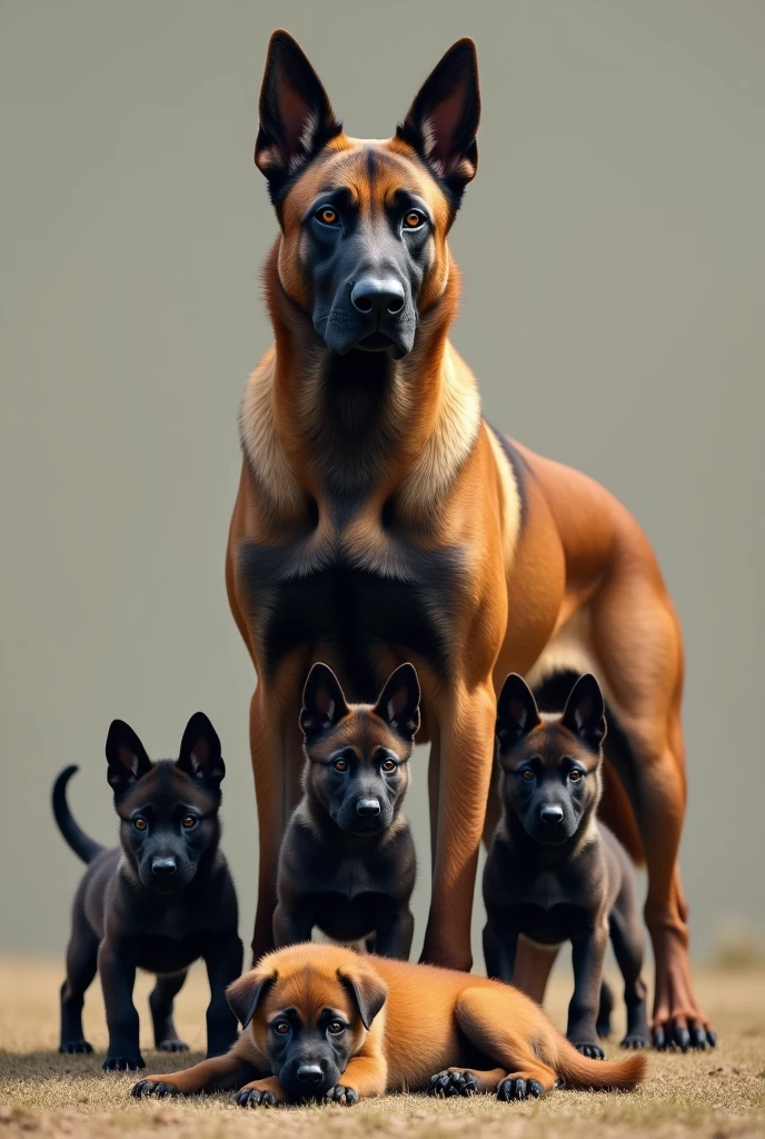 1 giant male dark Belgian malinois, 1 mother pawn sable Belgian malinois and 2 dark puppy add 1 pupp lying