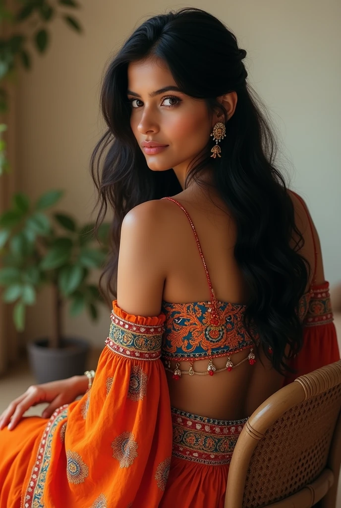 Beautiful white Indian girl in Indian dress showing her butt while sitting in chair