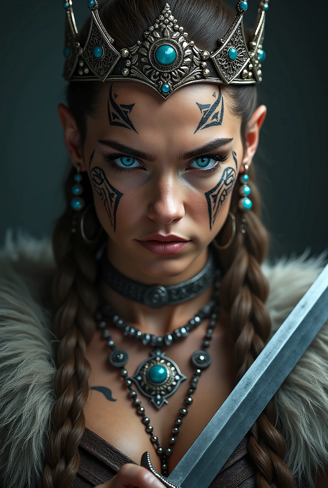 Viking warrior close-up, knife on display, Woman, blue eye with lightning,  big queen crown on the head , tribal tattoo on face, Angry, necklace on the neck