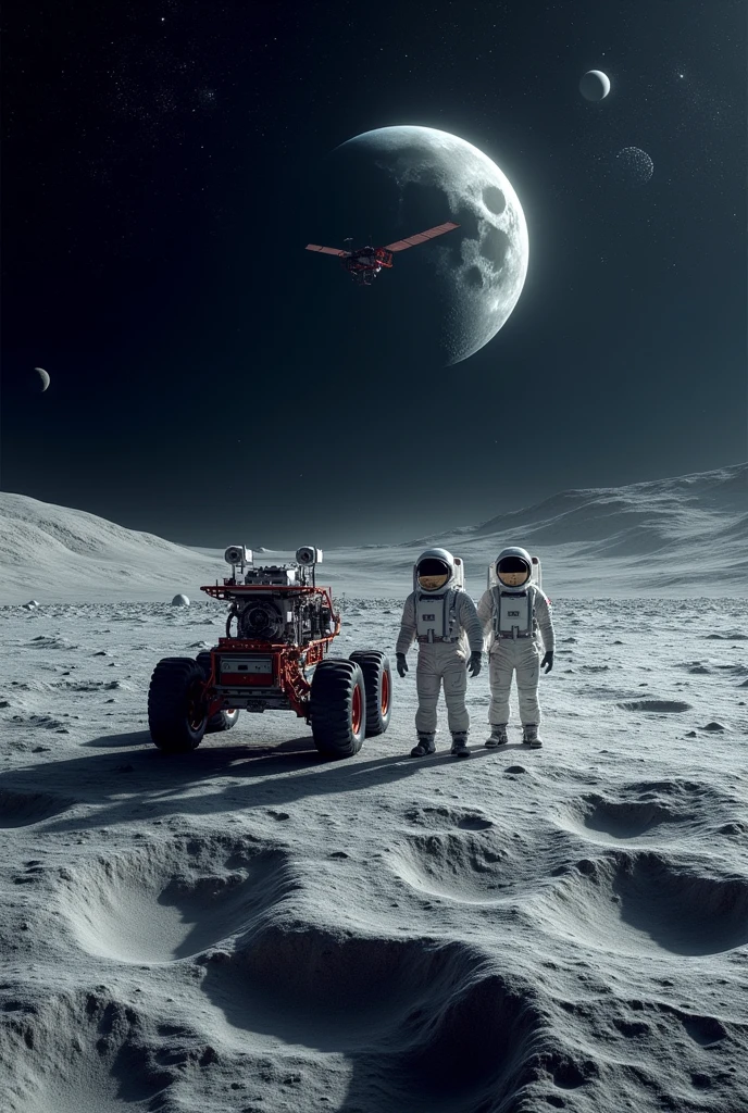 Panorama of the moon with a lunar rover, satellites around the moon, and Chinese astronauts preparing to land