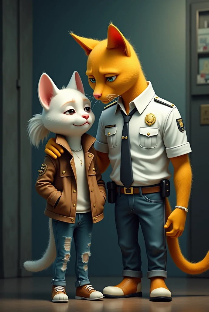 A yellow stylish tall cat dressed in white police uniform putting Hand on the shoulder of white cat dressed in brown jacket with studs and blue tattered jeans and white pony tail crying in police station