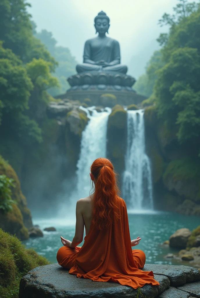 Arafed, fantasy art, a picture of  a female monk meditating at the base of a Buddha statue, there is a human woman monk wearing monk garbs, meditating near a (Buddha statue: 1.5), red hair, long hair, full body (best details, Masterpiece, best quality :1.5), ultra detailed face (best details, Masterpiece, best quality :1.5), ultra feminine (best details, Masterpiece, best quality :1.5), exquisite beautiful (best details, Masterpiece, best quality :1.5) red hair, long hair, wavy hair, pale skin, blue eyes, intense eyes, An epic sized Buddha statue, waterfall at forest background,  multi level water falls, several pools created in different levels, forming new waterfalls, water cascading into a pool, fantasy art, photorealistic, D&D art, ultra best realistic, best details, best quality, 16k, [ultra detailed], masterpiece, best quality, (extremely detailed), ultra wide shot, photorealism, depth of field