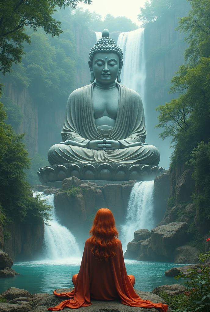 Arafed, fantasy art, a picture of  a female monk meditating at the base of a Buddha statue, there is a human woman monk wearing monk garbs, meditating near a (Buddha statue: 1.5), red hair, long hair, full body (best details, Masterpiece, best quality :1.5), ultra detailed face (best details, Masterpiece, best quality :1.5), ultra feminine (best details, Masterpiece, best quality :1.5), exquisite beautiful (best details, Masterpiece, best quality :1.5) red hair, long hair, wavy hair, pale skin, blue eyes, intense eyes, An epic sized Buddha statue, waterfall at forest background,  multi level water falls, several pools created in different levels, forming new waterfalls, water cascading into a pool, fantasy art, photorealistic, D&D art, ultra best realistic, best details, best quality, 16k, [ultra detailed], masterpiece, best quality, (extremely detailed), ultra wide shot, photorealism, depth of field