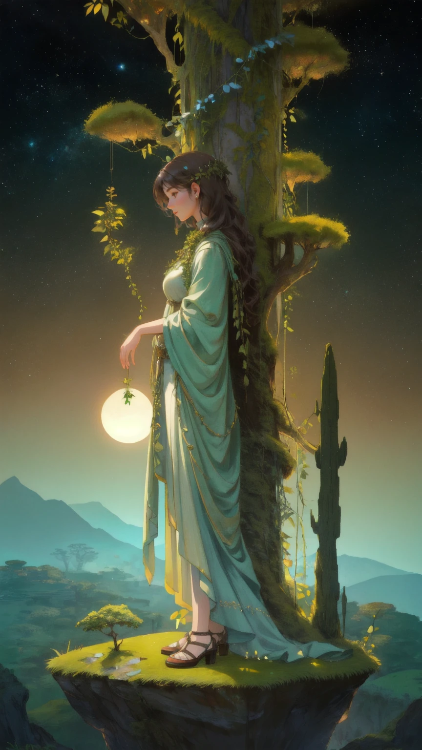 A towering, majestic figure of a beautiful cute girl made of stone, covered in moss and plants, symbolizing resilience and strength, standing in a surreal, cosmic landscape. The scene features towering rock formations, a serene river, and distant planets in the sky. The girl represents the 'Mt. Gox Survivors,' embodying the essence of survival and renewal, with vines and leaves blending into her stone form. The background is filled with rich brown tones, creating an earthy environment, framed by ancient, monumental arches leading into the vast cosmos.