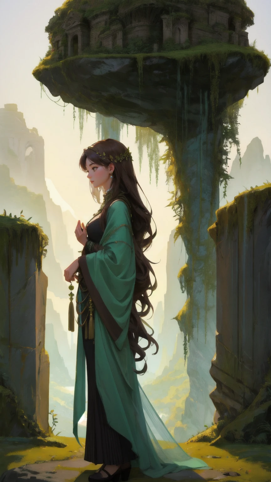 A towering, majestic figure of a beautiful cute girl made of stone, covered in moss and plants, symbolizing resilience and strength, standing in a surreal, cosmic landscape. The scene features towering rock formations, a serene river, and distant planets in the sky. The girl represents the 'Mt. Gox Survivors,' embodying the essence of survival and renewal, with vines and leaves blending into her stone form. The background is filled with rich brown tones, creating an earthy environment, framed by ancient, monumental arches leading into the vast cosmos.