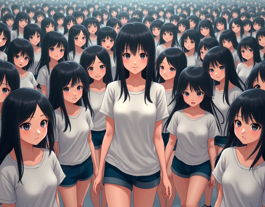 (((((Japanese Clone-girls=Myself))))), (((Super Best masterpiece Clone-girls Raw Photography Art))), (((16K, Highest quality, Ultra-high resolution, RAW Photos))), (((It&#39;s so unrealistic., With unparalleled depiction, With an unfathomable sight, An unprecedented and shocking worldview, Clone-girls: In a world of mass reproduction, Ultra-realistic))), (((Japanese Girls, Umezawa-Minami, 24yo, Small face, Thick black hair, long hair, Dark Eyes, Mature face, Cute Smile, Smiling face, A gentle gaze, (((Very pleasant look)))))), (((Very beautiful detailed girls, Accurate body structure, Accurate body movements, Very detailed body, (((Super big breasts, Large bulge of ample breasts)))))), (((Summer clothes, Short sleeve, mini skirt, hour々I can see your pants, Cleavage Emphasis, Emphasise the fullness of your breasts))), ((((((((Very detailed, Myself cloning, Depiction of splitting oneself, 1Myself girl→1,000,000,000,000,000,000,000,000,000,000Myself cloning girls)))))))), (((((((Myself clone-girlsから, Myself keeps multiplying, (Very detailed and intricate, To the exact, Perfect and consistent, (((In the same female body,With the same face, With the same hairstyle, In the same clothes, At the same height, 同じSuper big breastsである))), In a detailed depiction), 1,000,000,000,000,000,000,000,000,000,000 people))))))), (((((Myself girls only))))), (((((1,000,000,000,000,000,000,000,000,000,000Myself girls))))), (Very detailed, Super impactful depiction, The awesomeness of the massively proliferating crowd of &quot;myself&quot;), (Very detailed depiction, Clear and accurate perspective depiction, Ultra-wide field of view, super wide view, Focus on the average value of the image), The shooting angle and composition should not be limited to the front, but should be viewed from above, below, left and right., I&#39;m so happy to see so many Myself crowds., I love myself, Overwhelmed with emotion, Full body movement, Myself: A depiction of hands entwined around a body in a crowd