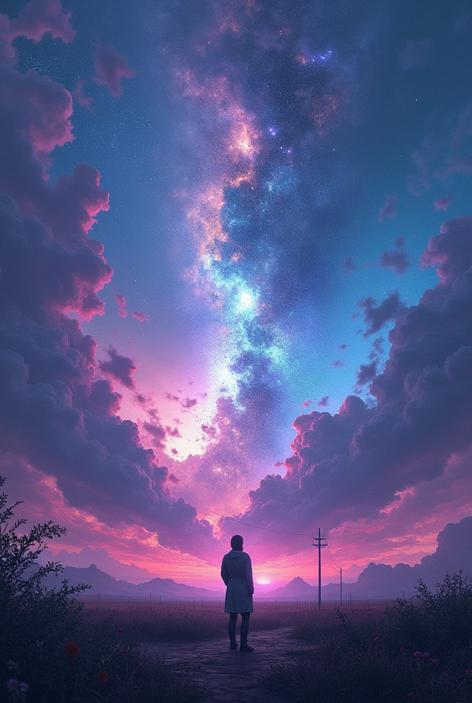 As if the sky is disfigured and I can see it from the earth, It's like something too far away has exploded and affected our sky., looking like a broken TV screen, with black spots and violet and blue colors
