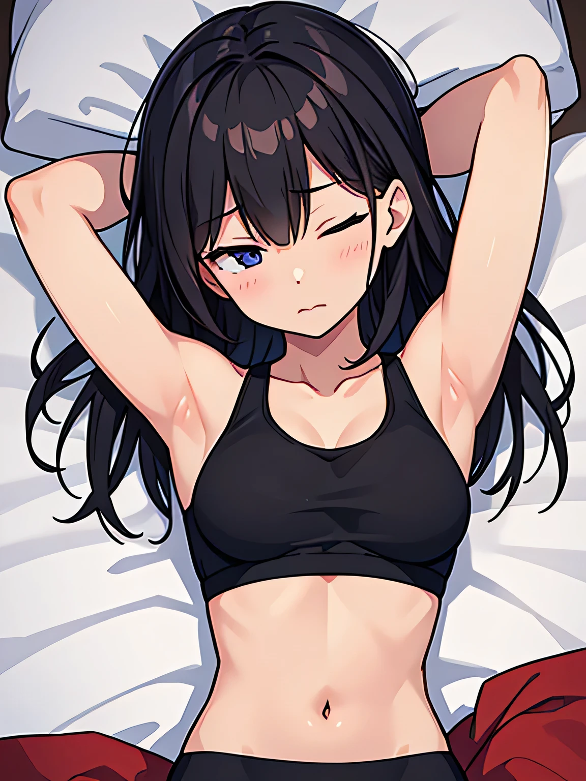 woman、Bed、Eyes closed、tired、Exhaling、Black sports bra、Arms above head