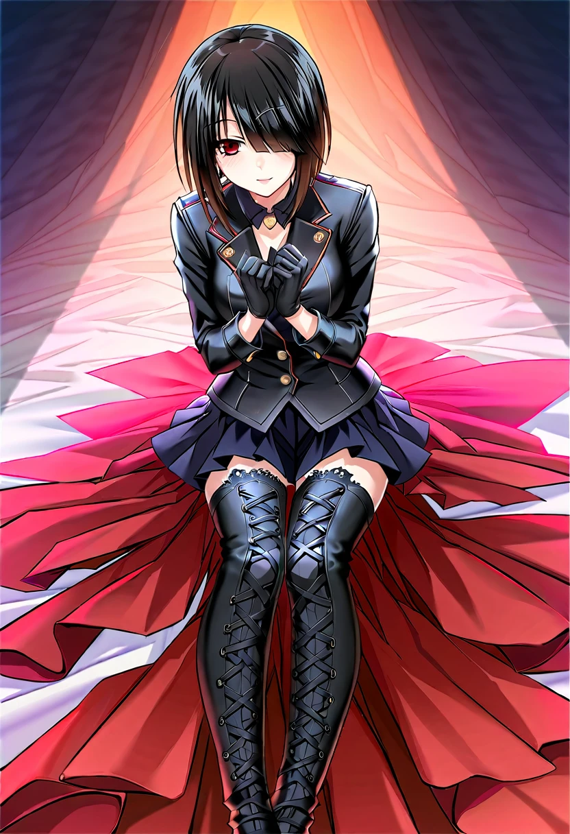 tokisaki kurumi,((masterpiece)),(((best quality))),((ultra-detailed)),((illustration)),((disheveled hair)),((frills)),black leather rider jacket,office in the dark,Fingertips of black leather gloves on both hands,wearing black leather gloves,sitting in a black leather chair,Japanese female new employee (black leather gloves cover both hands) (The angle is horizontal),black leather leather pants,black leather black leather pants,black leather skinny pants,Long black leather boots on both feet,((He wears black leather gloves on his hands))Full body photo,full body shot full body full body leather suit,If you turn in this direction,wearing black leather gloves,wearing black leather gloves,wearing black leather gloves,wearing black leather gloves,wearing black leather gloves,wearing black leather gloves,red eyes with highlights,black long hair(delicate eyes),hair over one eye,

