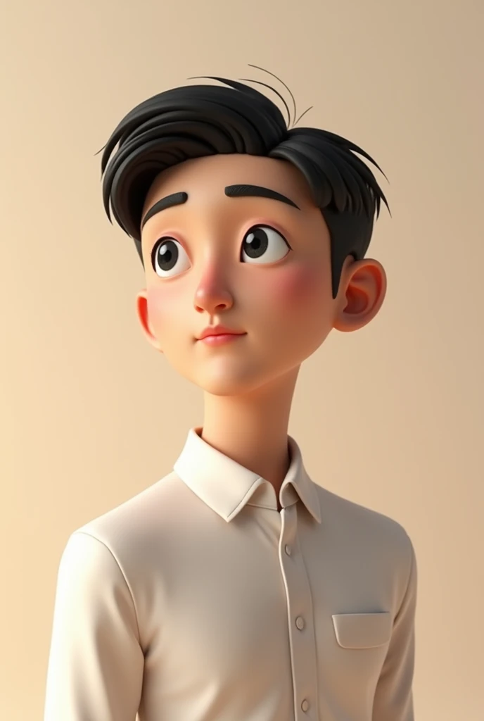 portrait picture in cream plain backgroud with a 22 yearsold handsome fictional 3d animated korean man looking the left side for couple picture